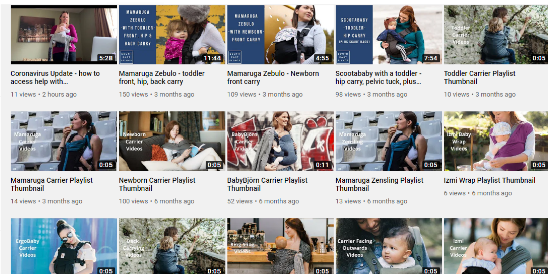 Thumbnail images of videos with parents holding babies in different carriers